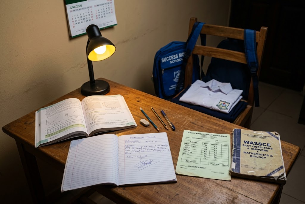 Child study desk with unfinished notes and report card