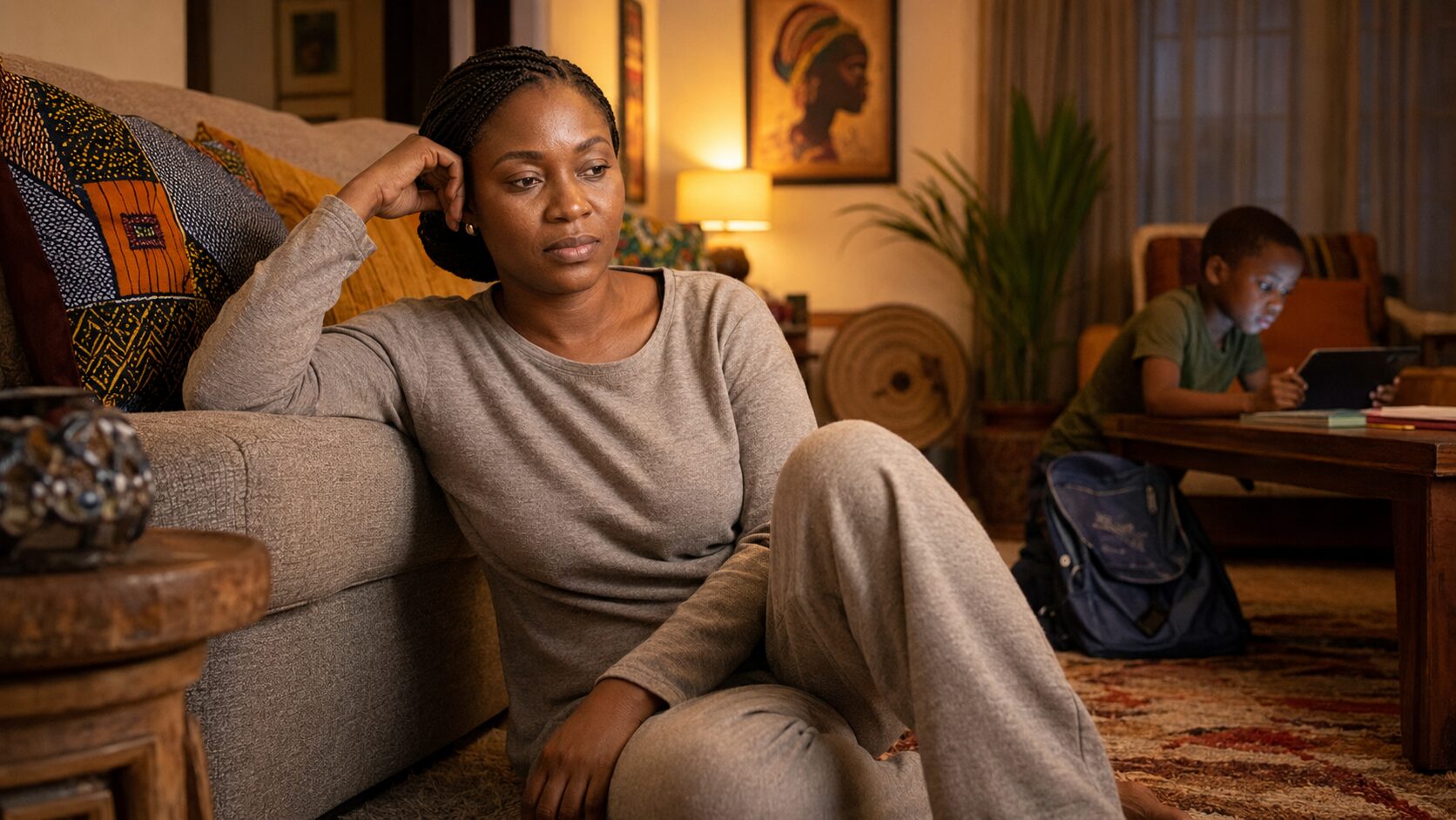 Funke A. exhausted on living room floor while son plays tablet