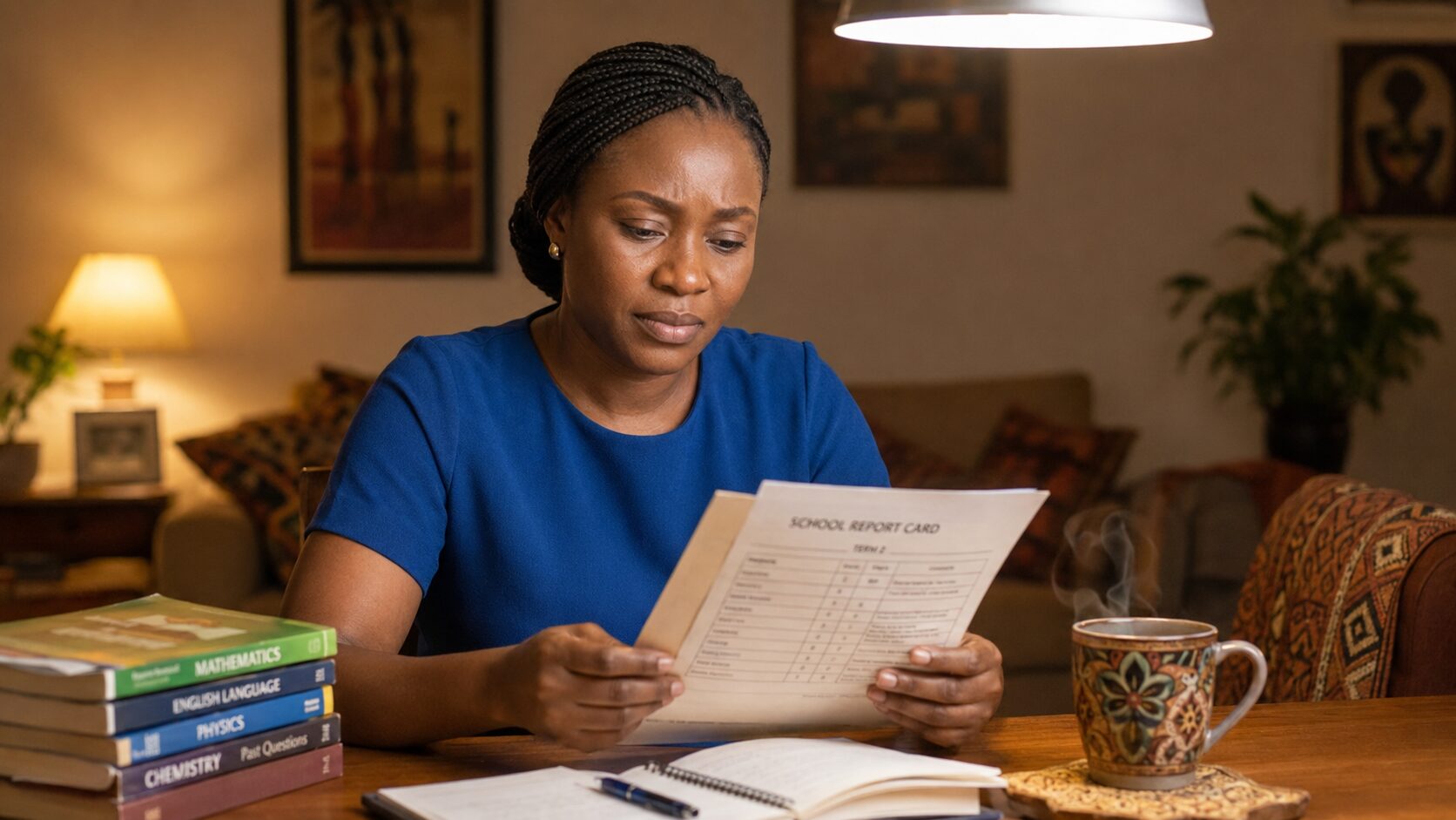 Funke A. reviewing report card at dining table